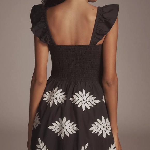 By Anthropologie Ruffle-Strap Embroidered Smocked Mini Dress Black & White M NWT - Picture 2 of 5